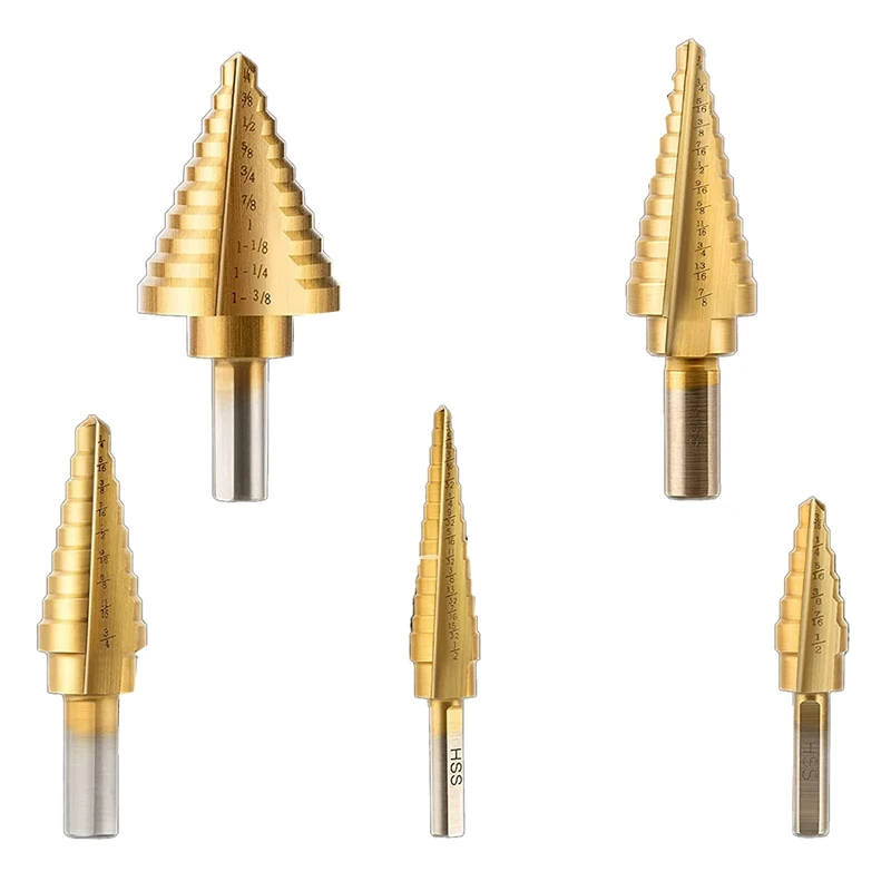 

6 Pcs Step Drill Bit Set Titanium HSS Unibit Drill Bits From 1/8 Inch To 1-3/8 Inch Stepped Up Bits & Center Punch