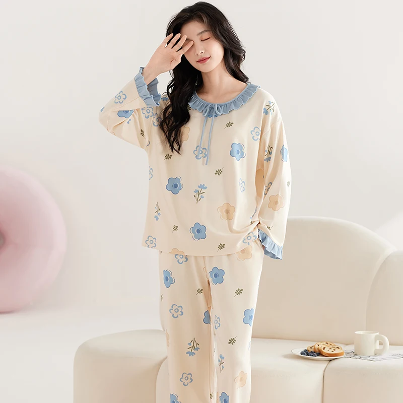 Пижамный комплект женский с длинным рукавом одежда для сна синими цветами милые