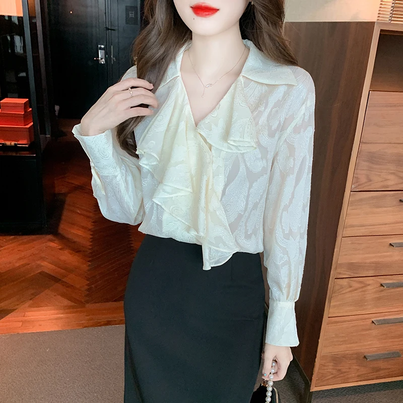 

Шифоновая Однотонная рубашка для женщин, новинка 2022, модные блузки с длинным рукавом, Свободный корейский топ с оборками, летняя повседневн...