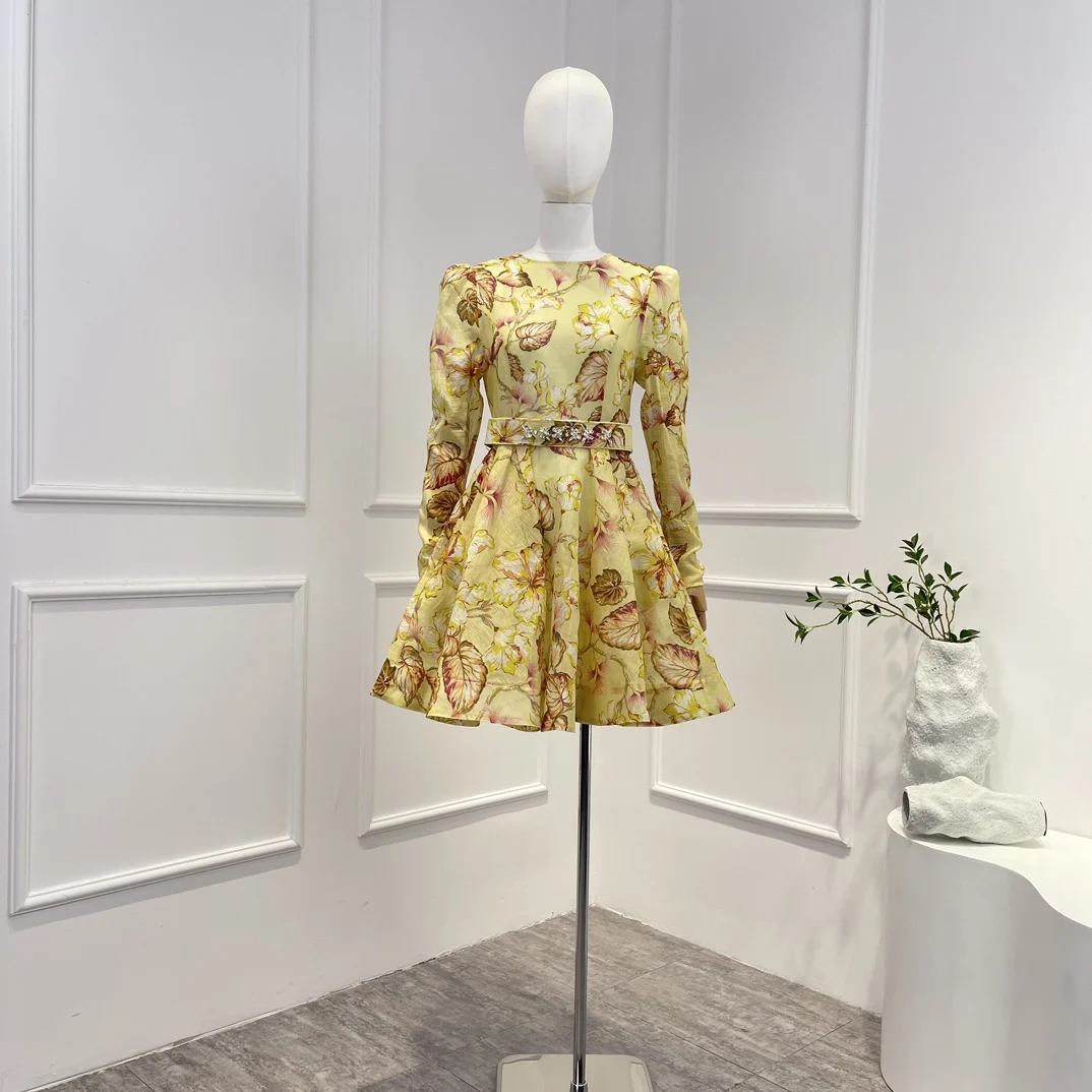 

Yellow 2023 Silk Linen Floral Printing Vintage Summer High Quality Long Puff Sleeve Belt Folds A-line Woman Mini Dress for Party