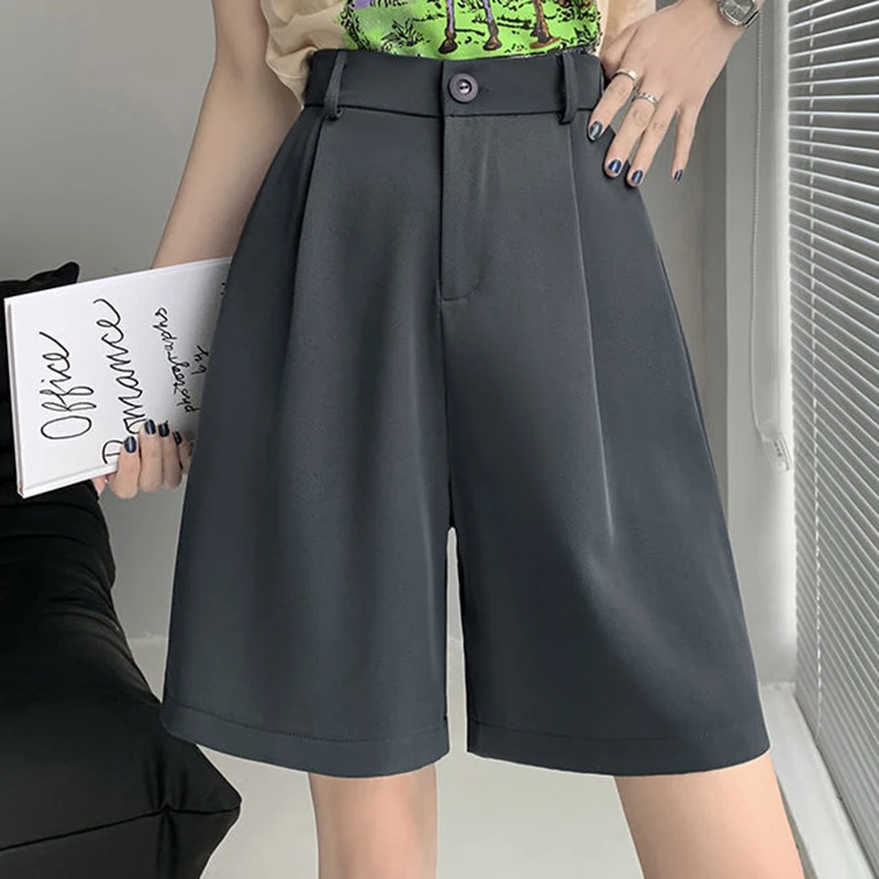 Rimocy Korean Button Loose Suit Shorts Women 2022 Summer Solid Wide Leg Knee Length Pants Woman Elastic High Waist Shorts Ladies