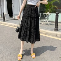 women high waist hollow solid casual vintage a line white summer skirts plaid black lace pleated female chiffon long skirt fresh