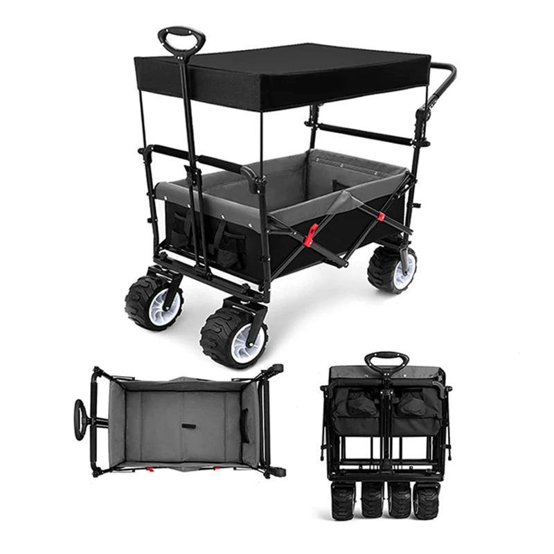 Collapsible Kid Wagon  Folding Trolley Garden Camping Wagons Stroller with Waterproof Coating Canopy