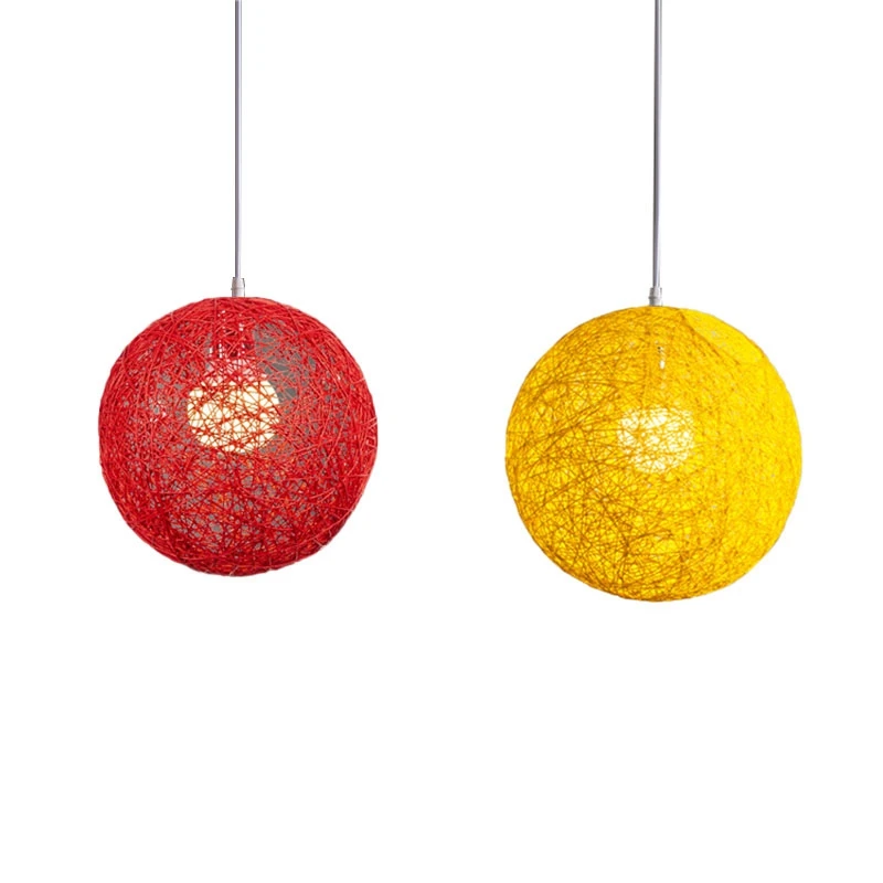 

2 Pcs Rattan And Hemp Ball Chandelier Individual Creativity Spherical Rattan Nest Lampshade Red & Yellow