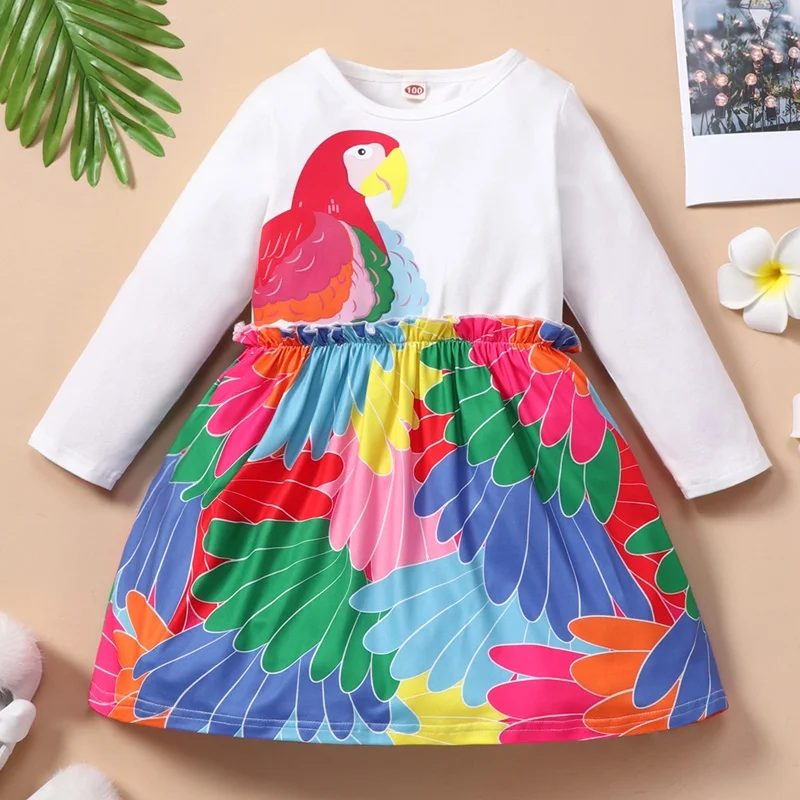 

New Spring Fall Dress for Girls Cartoon Animal Colorful Parrot Ruffles Long Sleeve Girls Dresses Cotton Pretty Kids Clothes 1-6Y