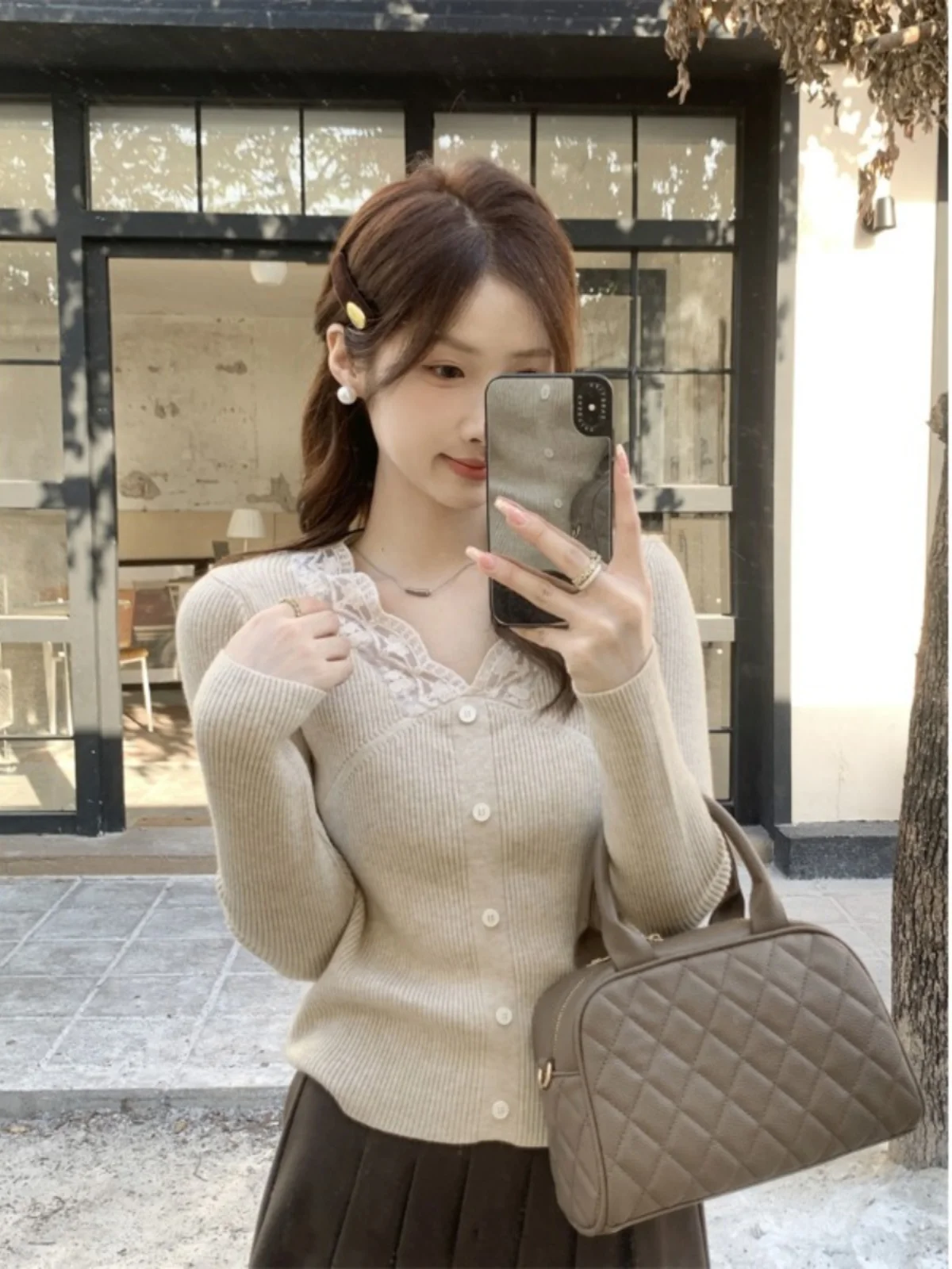 Абрикосовая кружевная нижняя рубашка женская осенне-зимняя внутренняя одежда