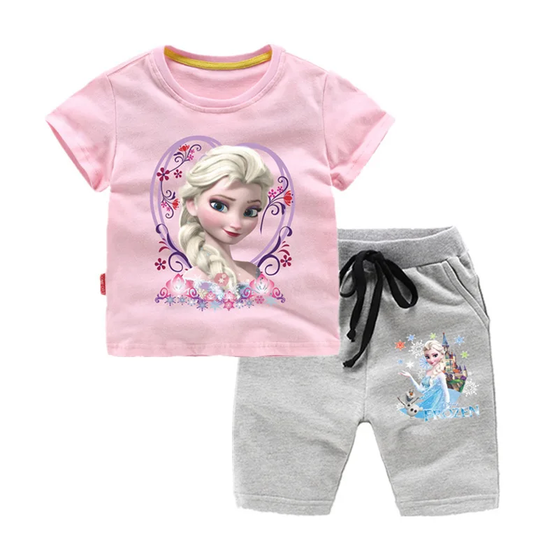 

Disney Frozen T-shirt Set Animation Cartoon Princess Aisha Print Girls Summer Short-Sleeved Clothes Fashion Cute T-shirt