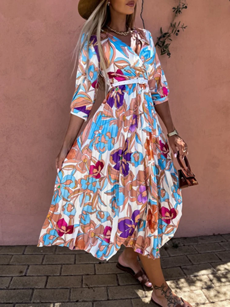 

New Pleated Long Sleeve Ladies 2022 Dress Women Floral Print Long Dress V Neck High Waist Elegant Slim Party Club Holiday Dress