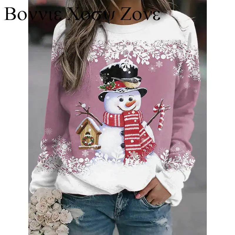 

Popular Women Blouse Crew Neck Skin-Touch Christmas Top Christmas Snowman Snowflake Print Autumn Tee Top