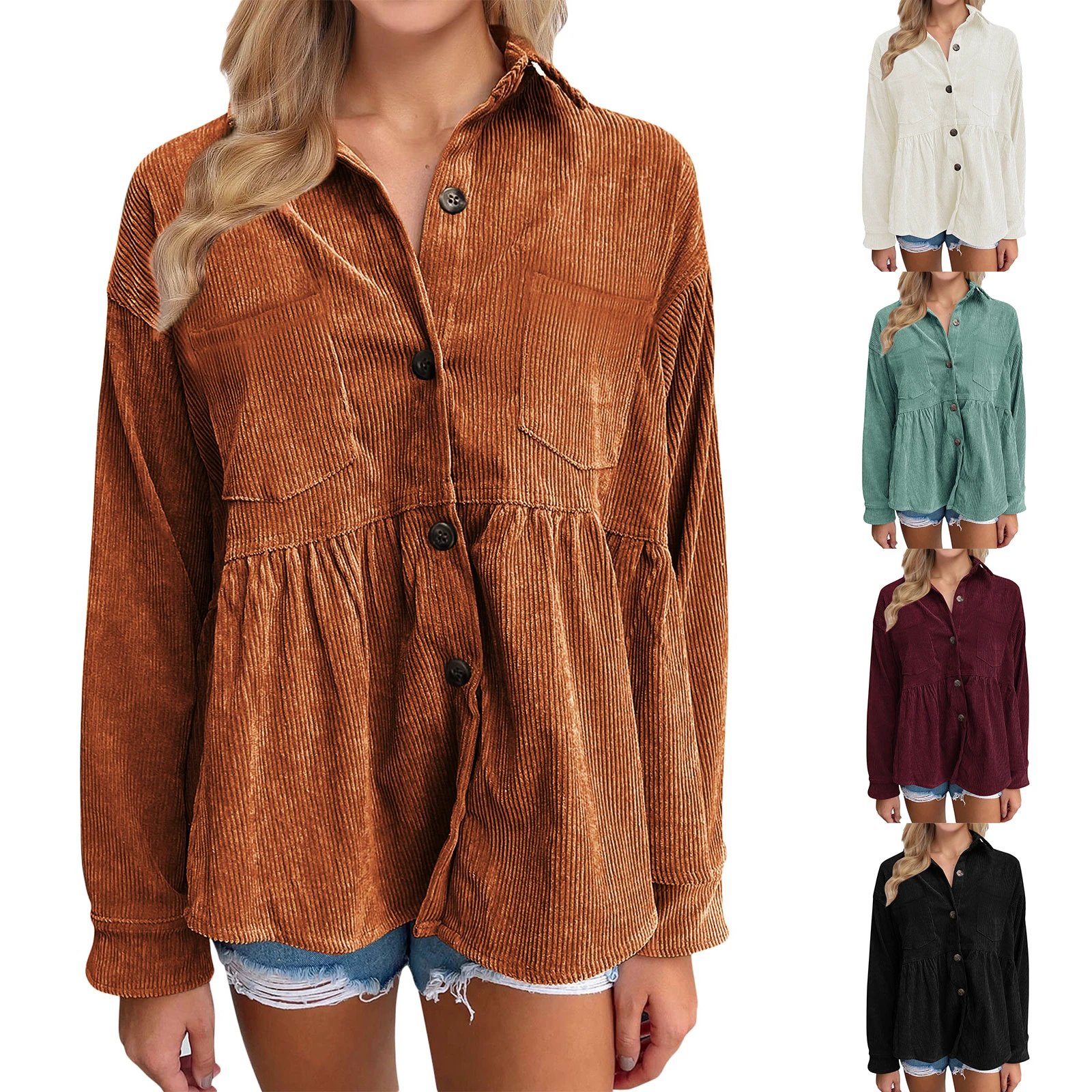 

Autumn Winter Women Casual Corduroy Shirt Solid Color Long Sleeve Button-Down Stripe Texture Pockets Tops