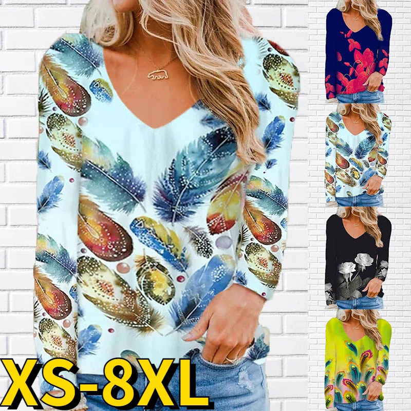 

2022 New Autumn Women Elegant Long Sleeve Feather Printed Tops Everyday Street Trend T-shirt Winter V-Neck Vintage Pullover Tee
