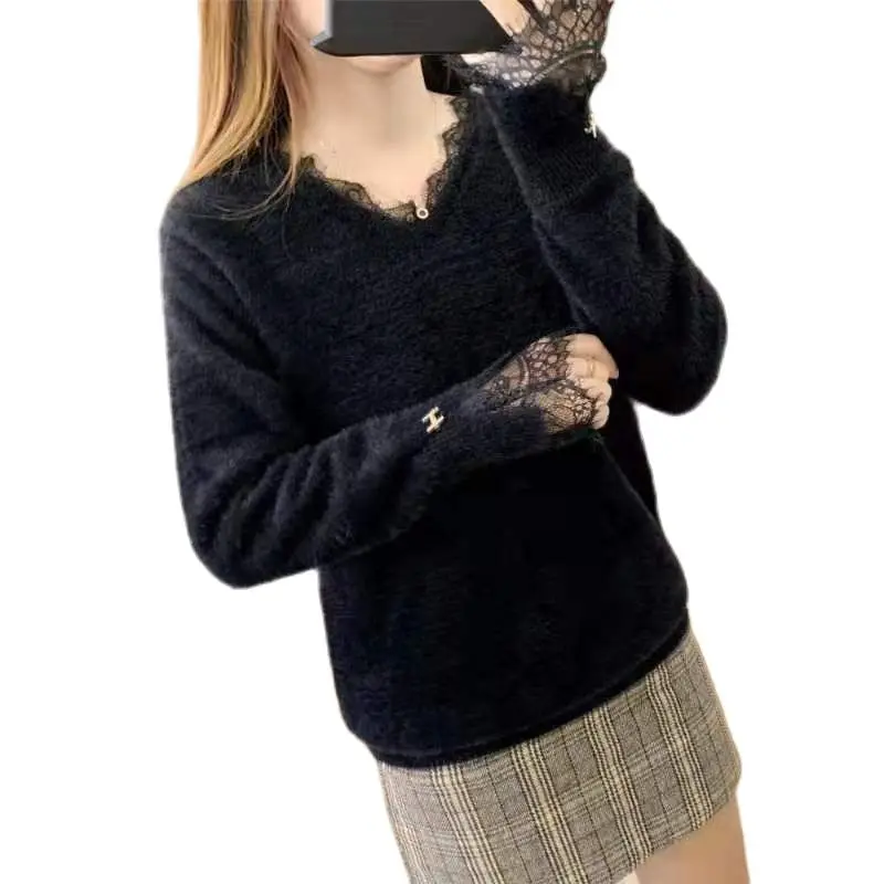 

Осенний кружевной Пушистый свитер, свитер из искусственного меха, вязаный джемпер