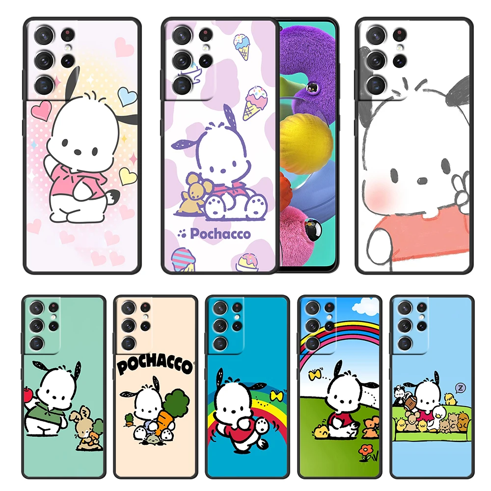 

Pochacco Sanrio Cartoon Black Soft Phone Case For Samsung Galaxy S23 S22 S21 S20 FE Ultra Plus S10 S9 5G Soft TPU Cover Shell