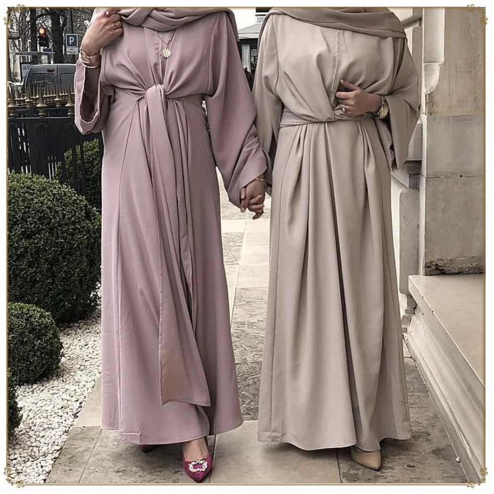 

Women's Dress Abaya Muslim Sets Islam Clothing Satin Layered Moroccan Caftan Belt Traditional Arabic Modest Ramadan Robe Aid