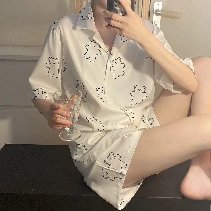 

Women Pajama Set Japanese Kawaii Pijamas Bear Print Pyjamas Teen Girls Home Clothes Turndown Collar Summer 2022 Sleepwear