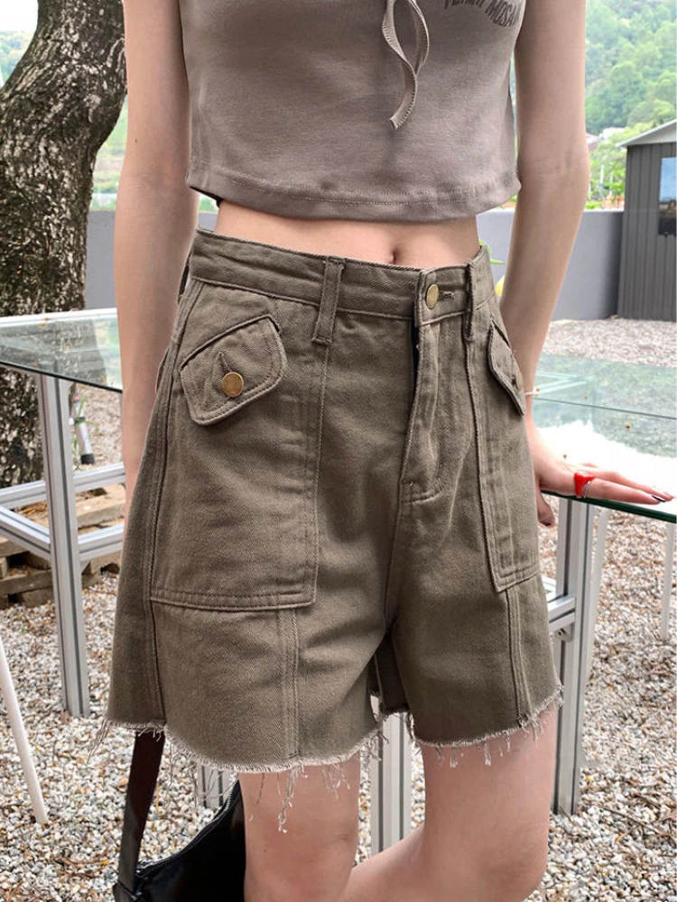 

Женские джинсовые брюки-карго в стиле Харадзюку, зеленые винтажные брюки из денима с широкими штанинами и карманами, шорты с высокой талией ...