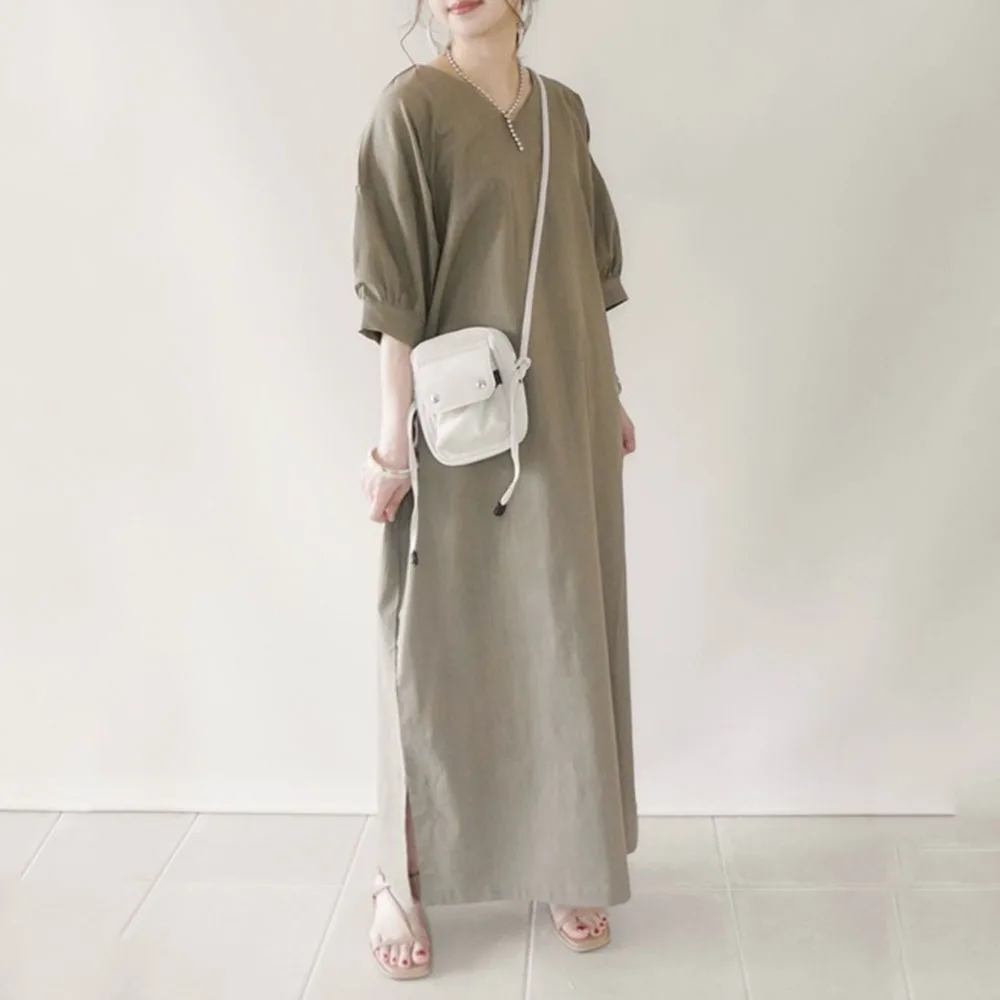 

2022 Women Dress Summer Korea New Younger Loose One Size Stripe Solid Color Streetwear Long Shirt Dresses For Female Minimalism