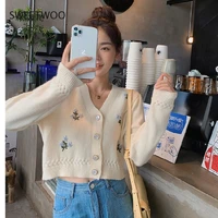 sweaters women cardigan v neck all match simple ladies knitwear vintage embroidery sweet college preppy style spring fashion ins
