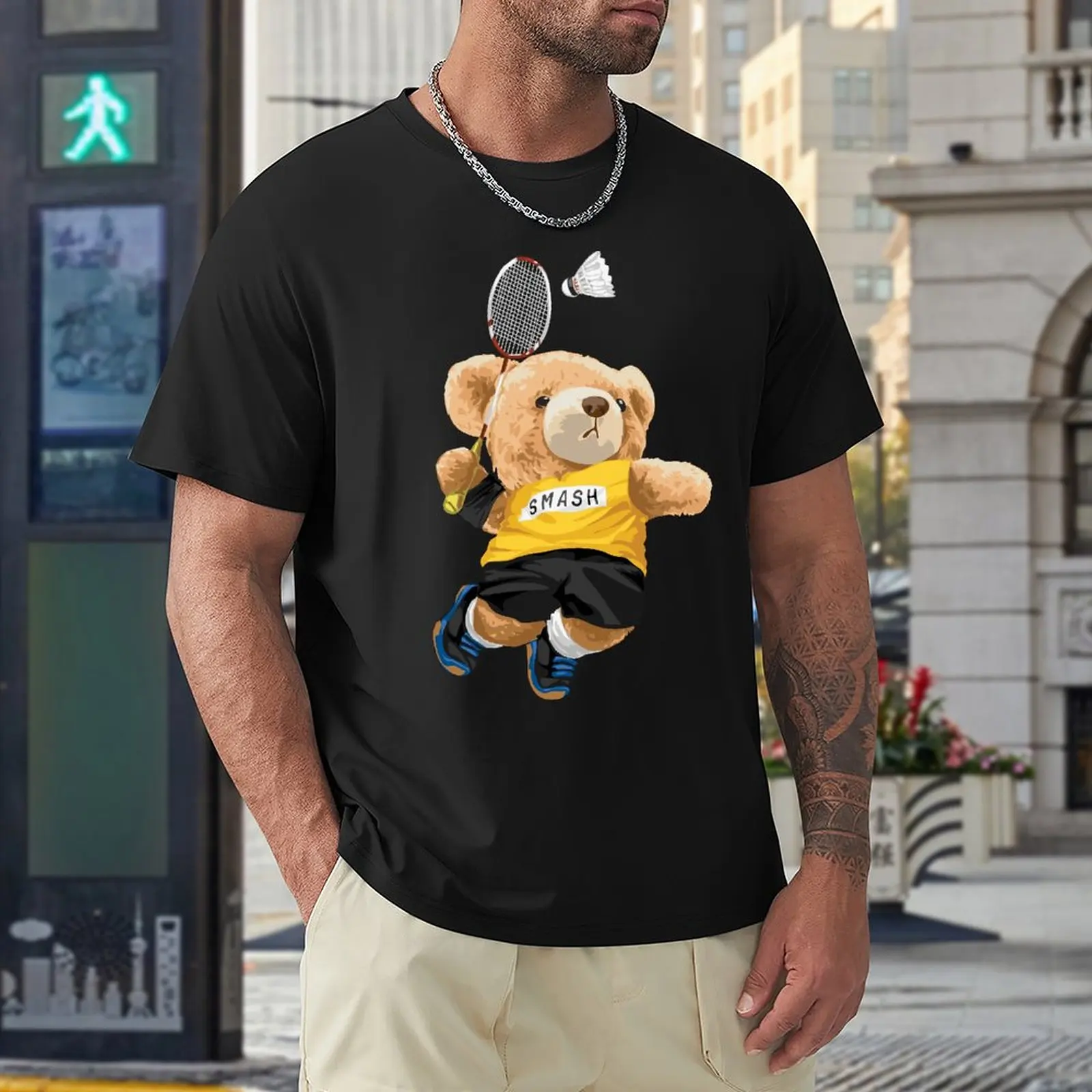 

Teddy Bear Playing Badminton T Shirts Men Shirt Fashion Clothes Graphics Sweatshirt 100% Cotton TShirts Tee Top