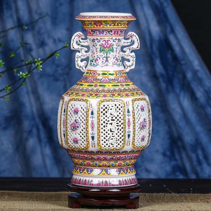 

Antique Jingdezhen ceramic Vase qianlong pastel blue and white pierced double ears ancient vase Decorations furnishing articles