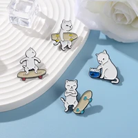 cartoon animal enamel pin custom black and white skateboard cat metal brooch denim backpack creative men and women jewelry gift