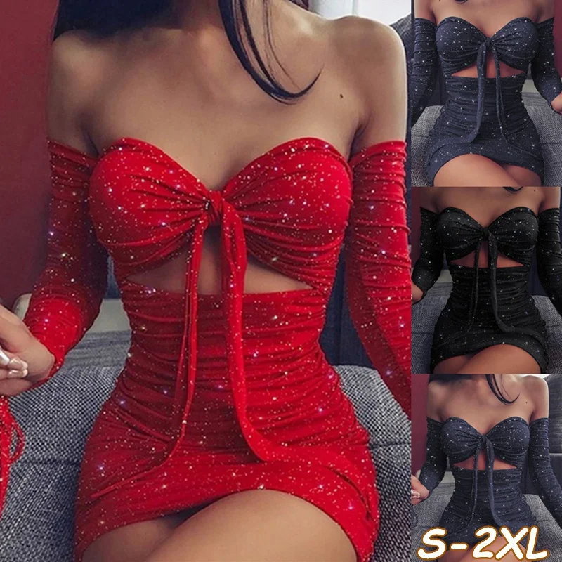 

Shiny Party Sexy Dress Women Hollow Out Strapless Tie-Up Fashion Dress Fashion Long Sleeve Pleated Dresses Slim Vestido de Mujer