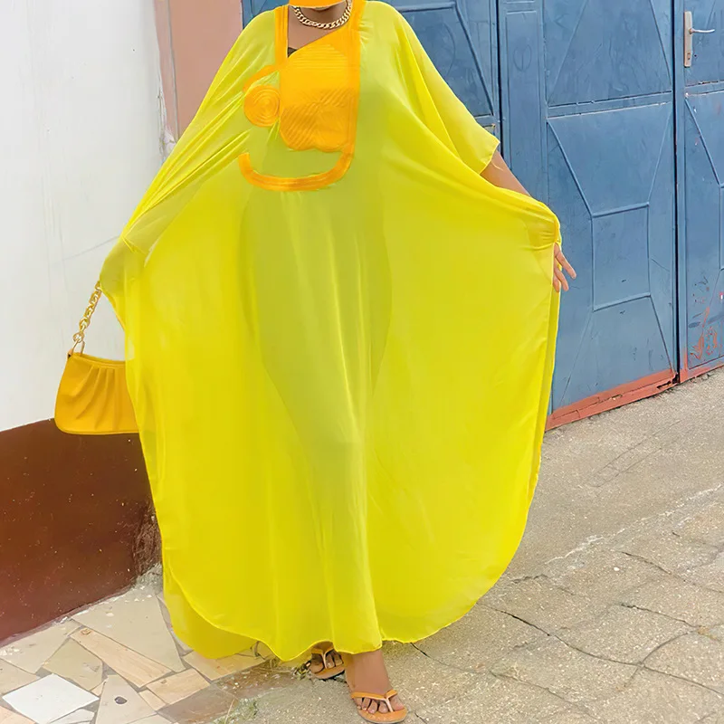 2 Piece Set Chiffon African Dresses For Women Elegant Rope Embroidery Long Dress Muslim Abaya Lady Traditional Africa Clothing