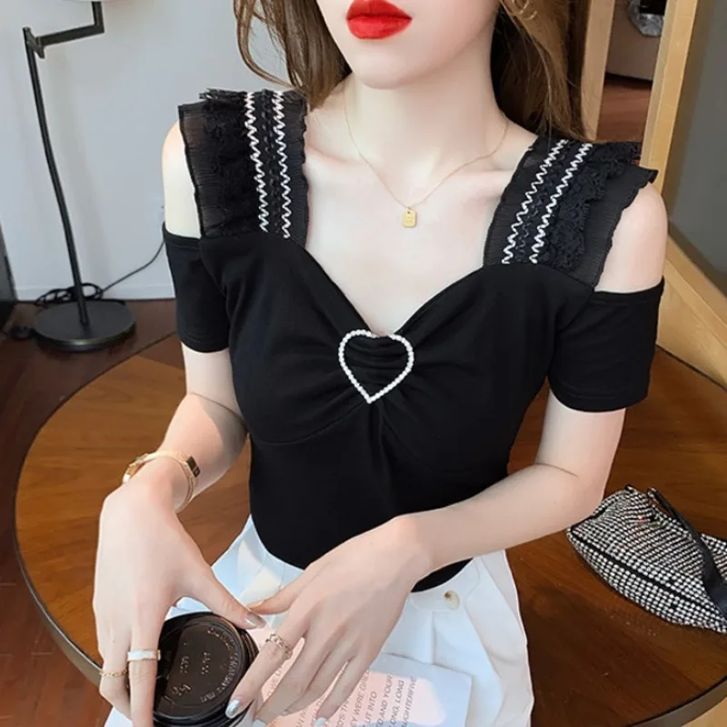 #5105 летняя черная зеленая Сексуальная футболка с открытыми плечами женская