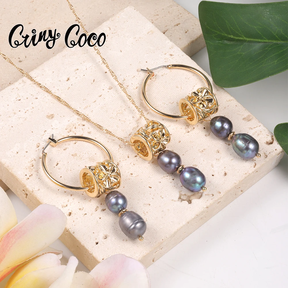 

Black Pearls Jewelry Sets Hawaiian Freshwater Pearl Hoop Earrings 2022 Trends Necklaces Set Female Pendant for Women Jewellery