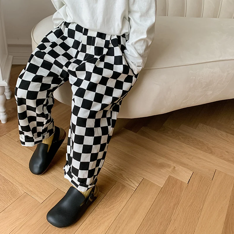

Spring Unisex Washed Cotton Plaid Casual Pants Children Loose 2 Colors Trousers
