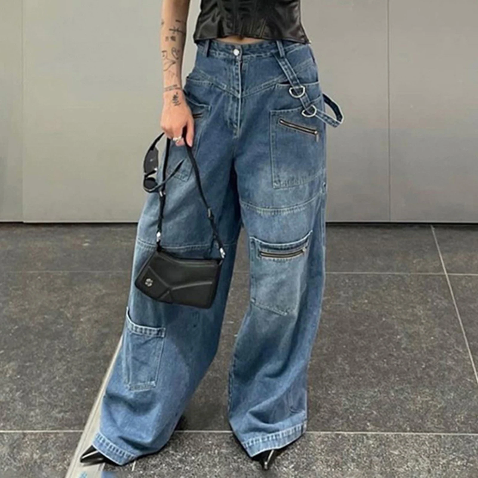 

Oversized Cargo Jean women Punk Clothing Low Rise Jeans Y2k Blue Vintage Baggy Loose Drop Straight Leg Floor Length Cargo Pants