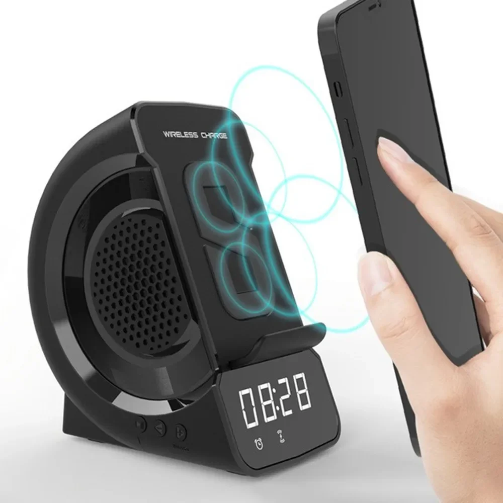 Smartphone Wireless Charger Bluetooth Speaker FM Radio Audio TF Card Aux Music Player MP3 Clock Alarm Mobile Phone Holder Stent
