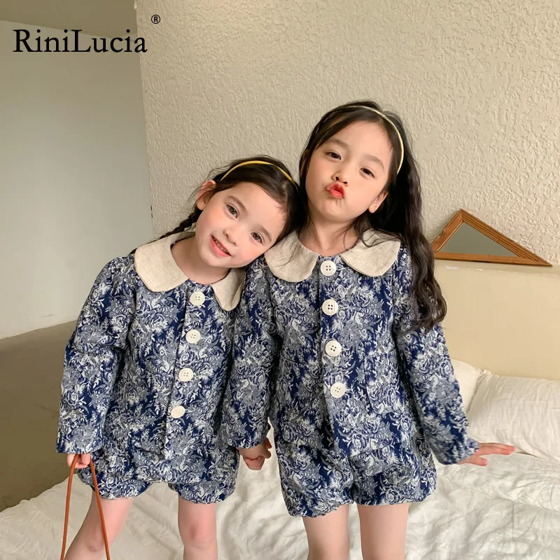 

RiniLucia Japanese and Korean Kids Peter Pan Collar Cotton Floral Printing T Shirt + Pants 2pcs Summer Clothes Set Girls Suit