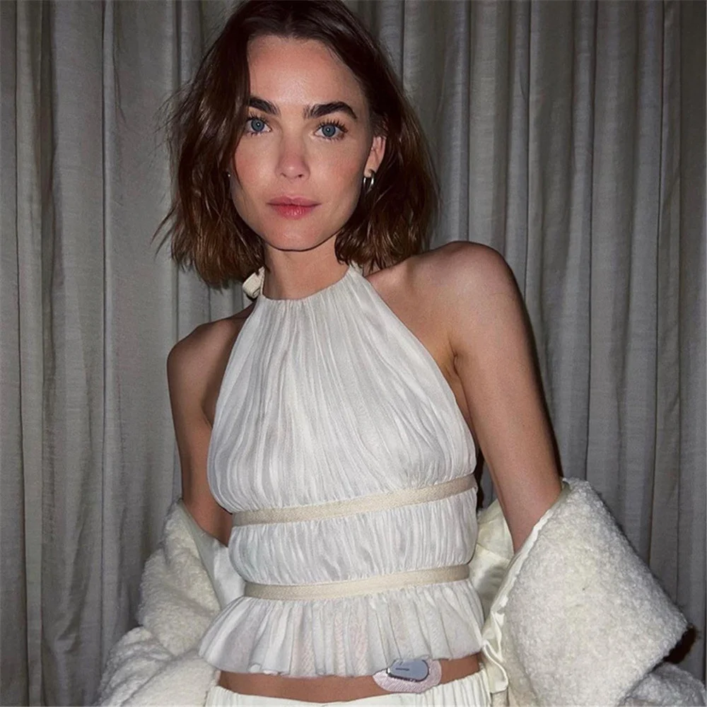 

Women Casual Crop Tops Camis Elegant Patchwork Tied Halter Neck Ruffle Sleeveless Backless Vest Tops White 2022 Summer Clothes