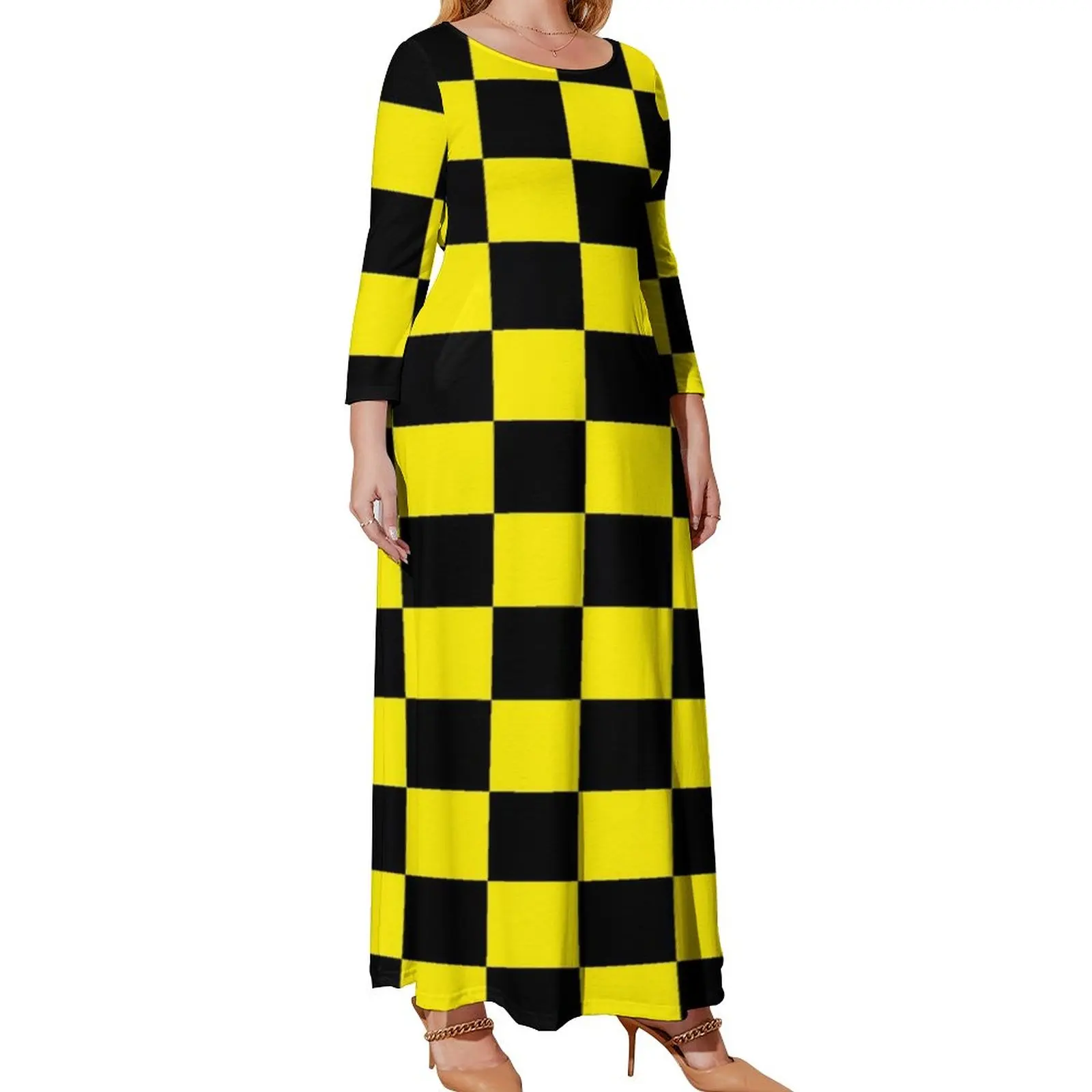 Two Tone Black And Yellow Dress Mod Checkers Street Wear Beach Dresses Long Sleeve Cute Maxi Dress Spring Plus Size Vestidos
