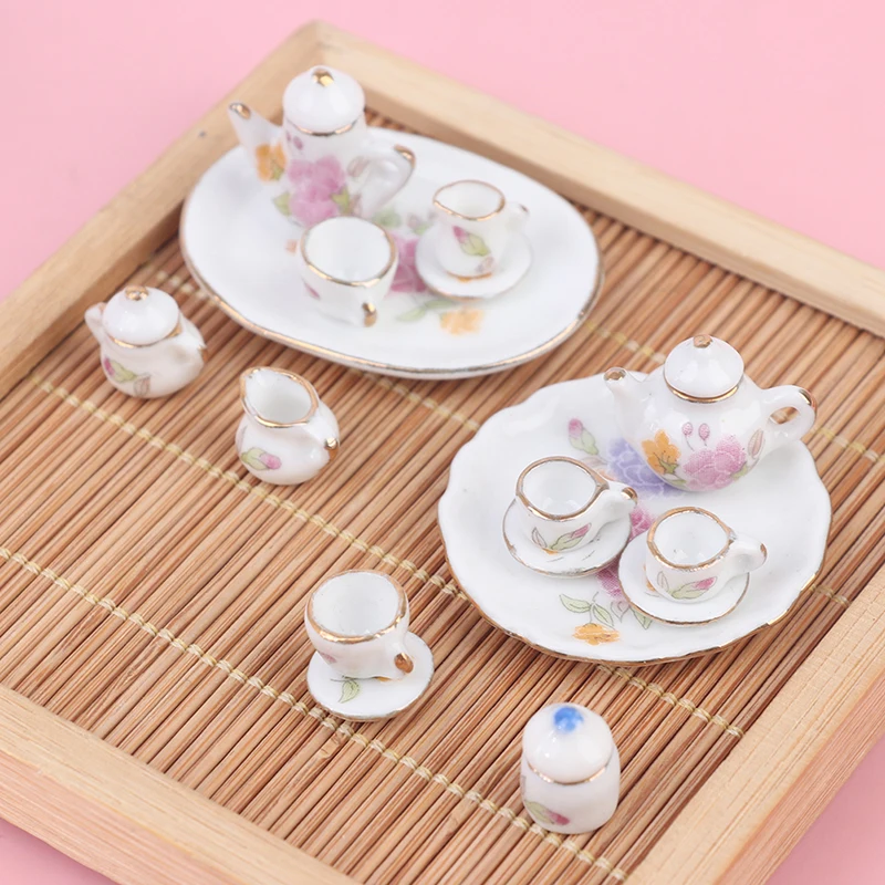 

8Pcs 1/12 Miniature doll house pink Flower Patten Porcelain Coffee Tea Cups Ceramic Tableware Set Dollhouse Kitchen Accessories