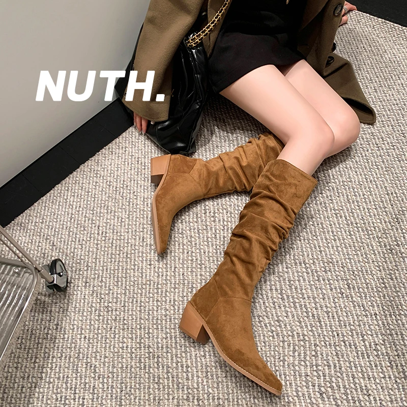 

Женские ботинки из натуральной замши и свиной шкуры, высокие сапоги из натуральной кожи, на высоком каблуке, 22-25 см, Осень-зима 2023