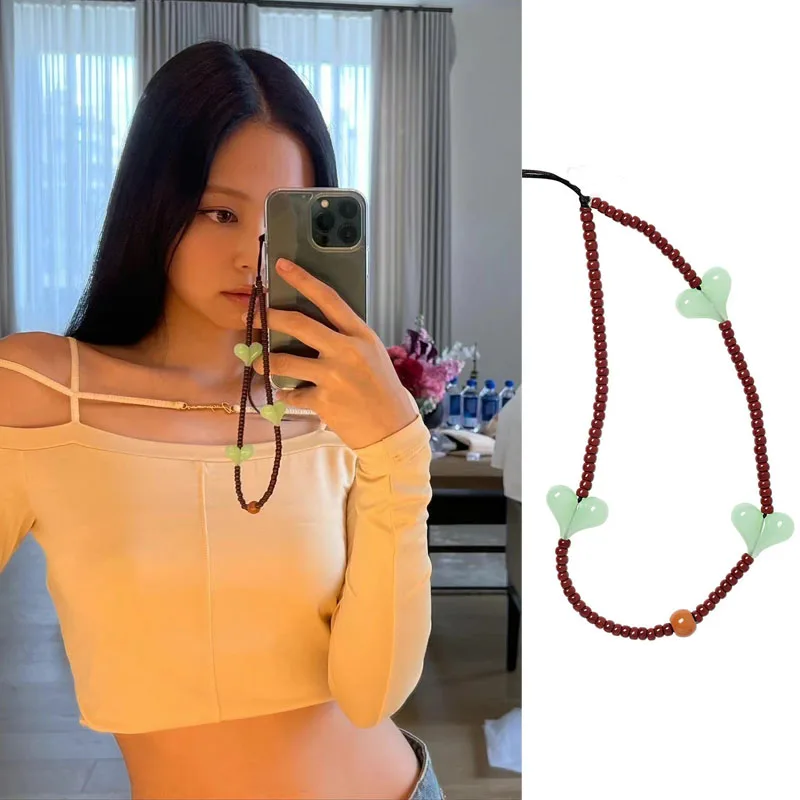 

Green Heart Phone String Acrylic Heart Beaded Cell Phone Charms Chain Korean Fashion