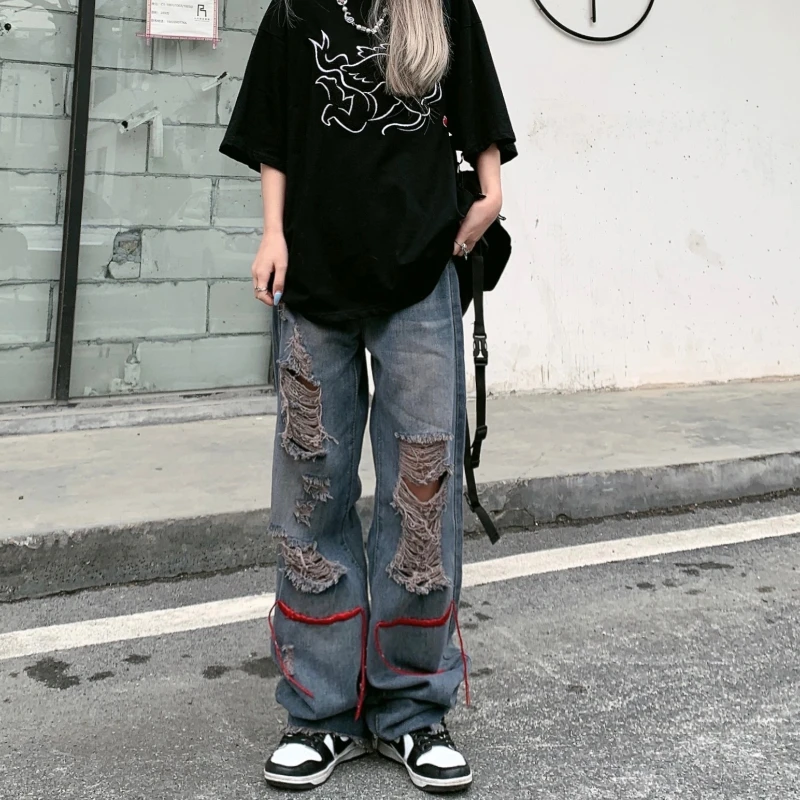 

S-4XL Baggy Ripped Hole Jeans Teenage Girls Fashion Trends Hip Hop Streetwear Womens Distressed Denim Pants High Street Bottoms