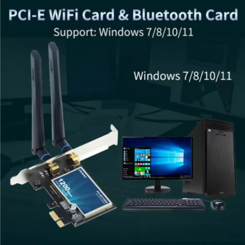 Фото Беспроводной адаптер Wi-Fi 5 AC1200 PCIE Bt4.0, двухдиапазонный адаптер Wi-Fi 5G, сетевая карта Bluetooth, настольный ноутбук, Windows 7/8/10/11 №4
