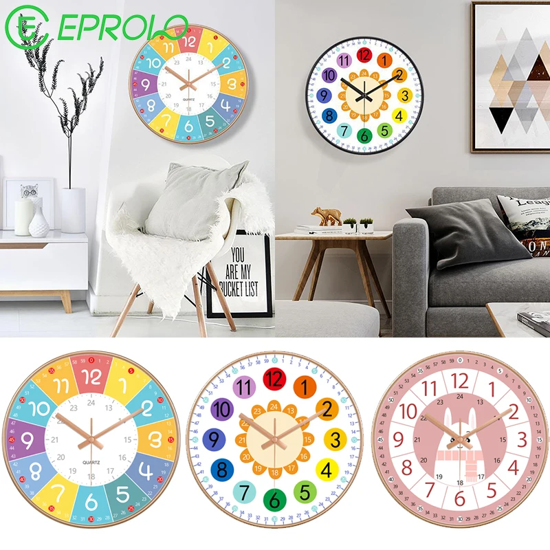 8/10/12inch Children Clock Mute Wall Clock Hour Minute Second Cognition Colorful Clocks Kids Early Preschool Teaching Aids