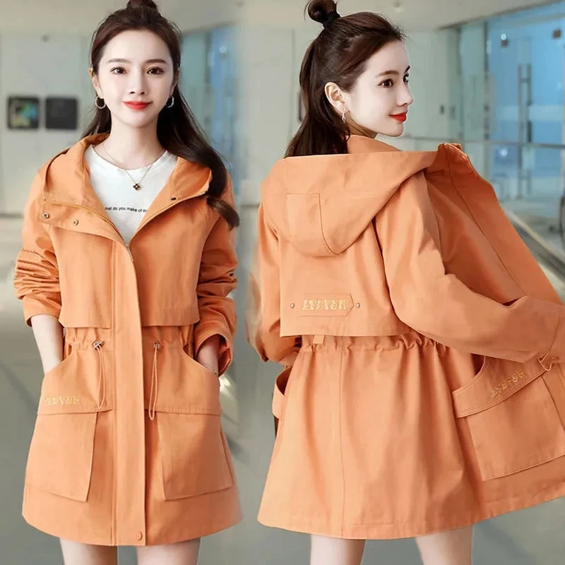 

Medium-Length Windbreaker Coats Women's Autumn New Hooded Casual Jackets Korean Slim Streetwear Zipper Windproof Trench Outwear