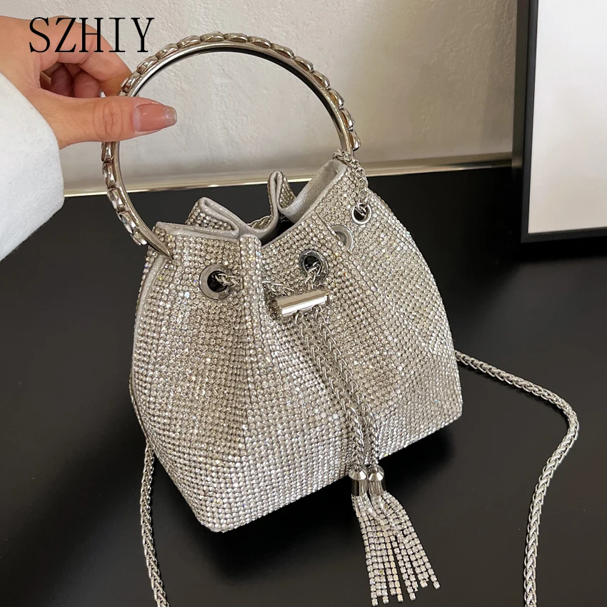 

Яркая вечерняя сумочка с бриллиантами, Женская Роскошная сумочка, дизайнерская сумка с заклепками на одно плечо, Диагональная Сумка на шнур...