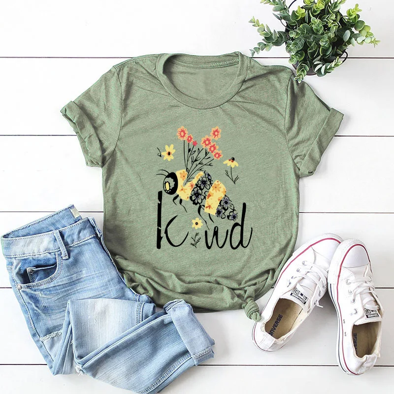 

Creative Plants Flowers Bees Letters Patterns Ladies Cotton T-Shirt Round Neck Loose Casual Short Sleeve Large Size Women's Tops
