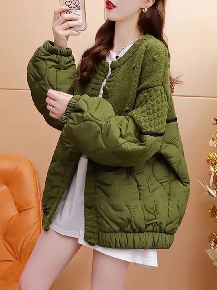 

Fashion Women's Splicing Sweater Cotton Jacket Autumn Winter Thickened Knitting Cardigan Coat Loose Female Outerwear