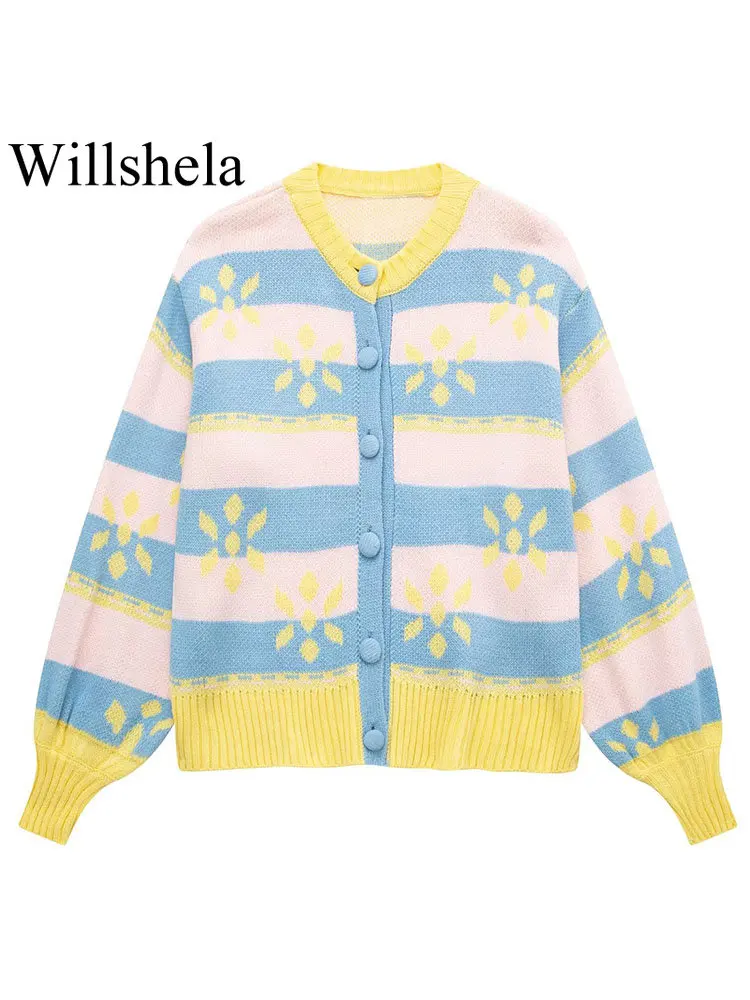 Willshela женский модный жаккардовый вязаный кардиган с цветочным принтом, винтажный свитер с v-образным вырезом и длинными рукавами, женская ве...