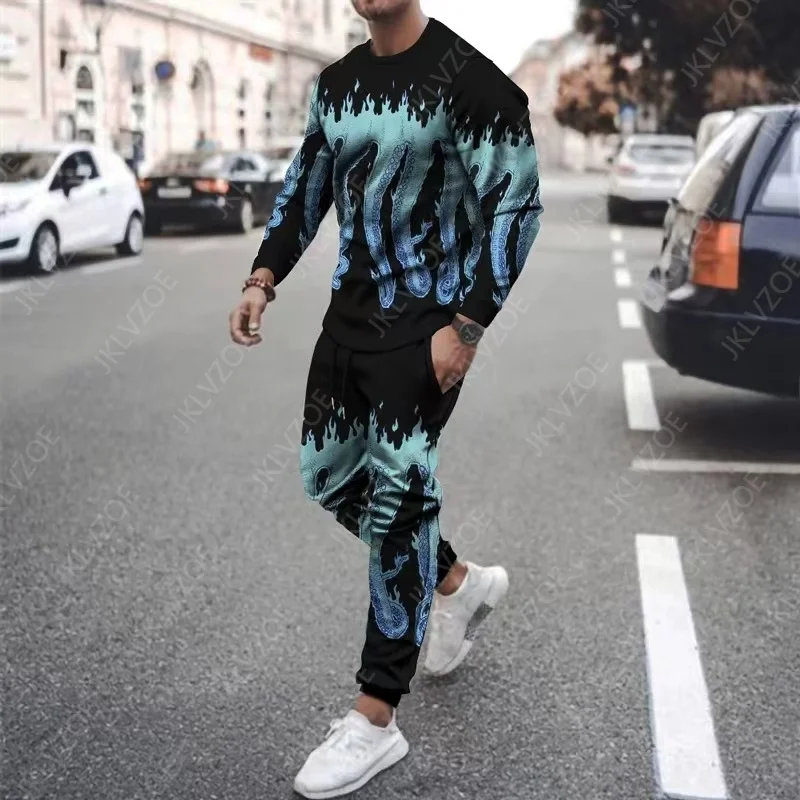 Autumn Men's T Shirt Set Long Sleeve O Neck 3D Tentacle Printing Tracksuit  Streetwear Cthulhu Style 2 Piece Suit Oversized