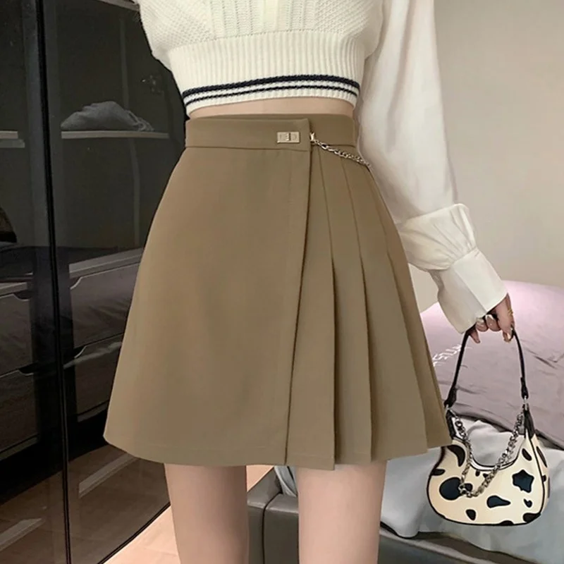 

Dinboamini Pleated Women's High Waist Skirt, Korean Street Clothes, Uniform Color, with All Styles, Short Trapezoidal Skirt, New
