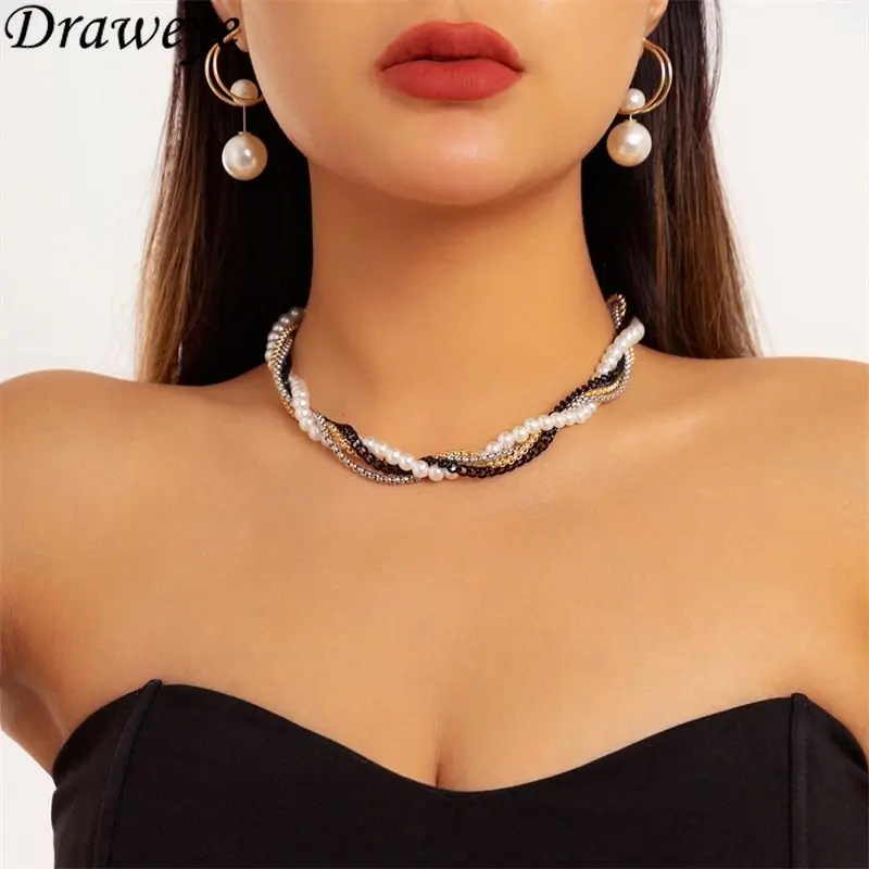 

Draweye Necklaces for Women French Vintage Metal Multi Layer Chokers Chain Beads Pearl Jewelry Ins Fashion Round Necklace