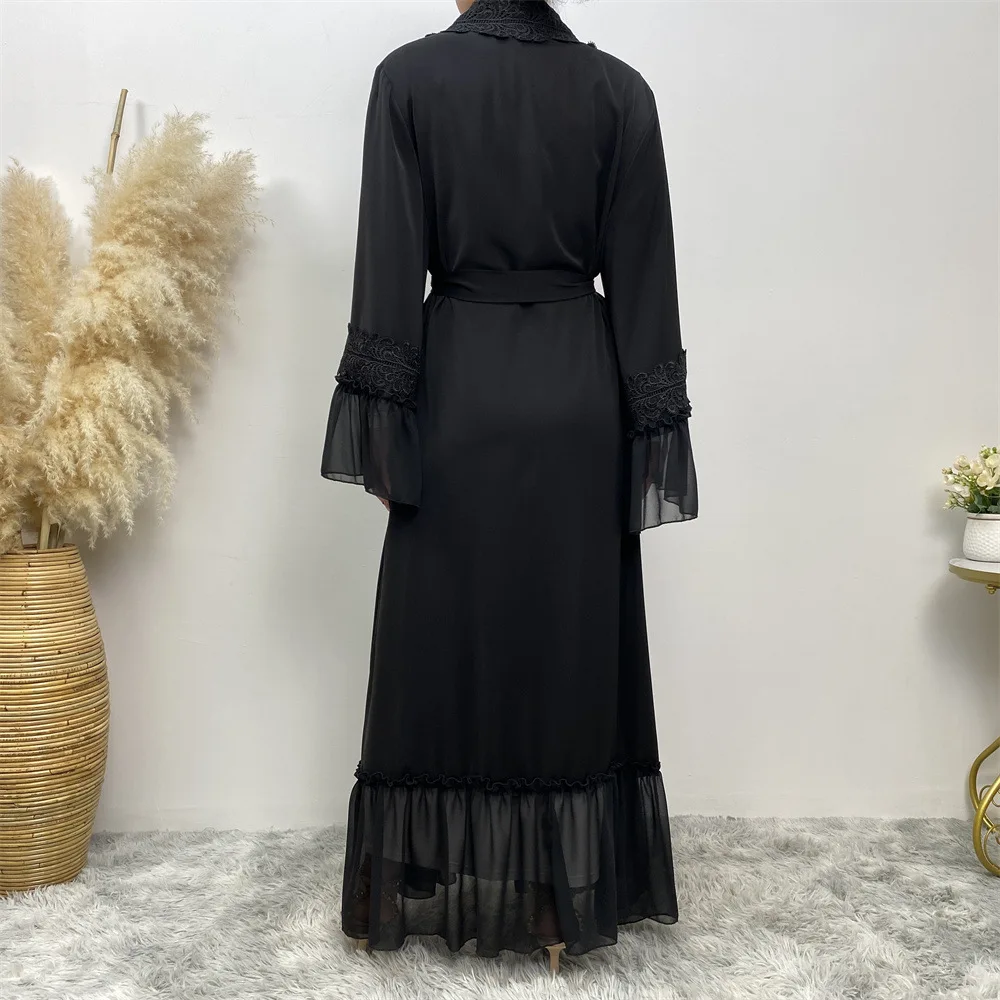 Fashion Djellaba Muslim Dress Dubai Full Length Flare Sleeve Soft Lace Abaya Dubai Turkey Muslim Islam  платья мусульманские